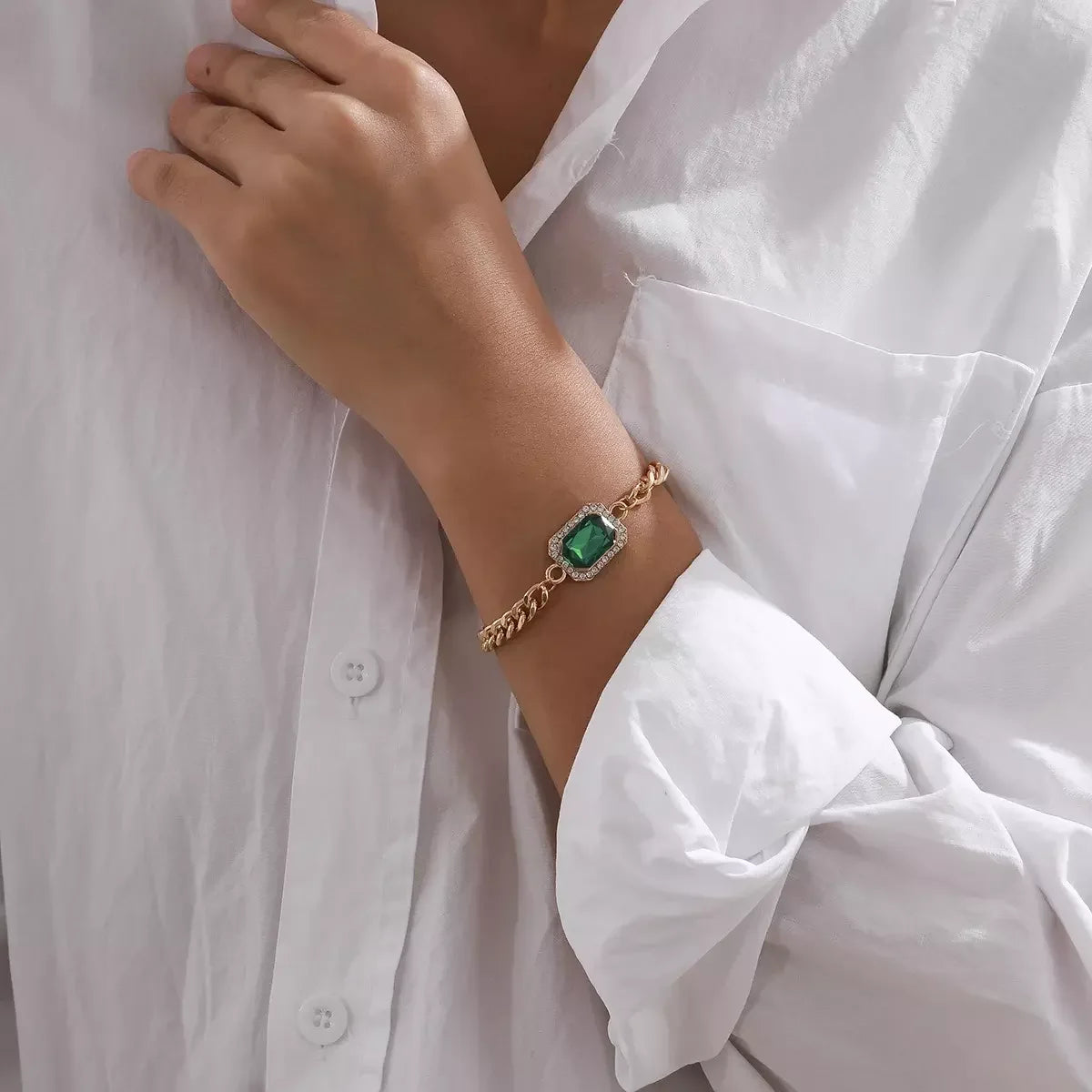 SHIXIN Bohemia African Shiny Crystal Green Big Gemstone Jewelry Bracelet Women Party Jewelry Curb Zirconia Iced Cut Bracelet