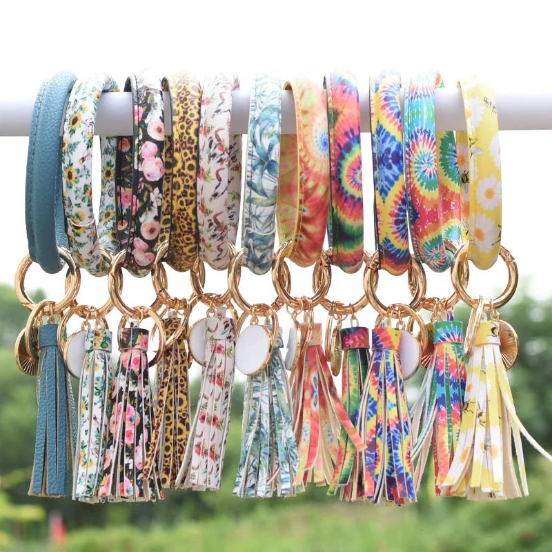 Fashion Large Circle O Women Wristlet Keychain Pu Leather Bracelet Bangle Keychain with Tassel