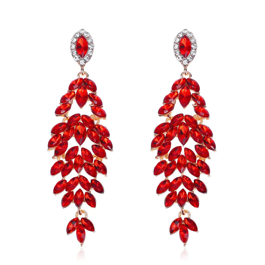 Wedding Ruby Long Drop Leaves Rhinestone Bridal Luxury Crystal Horse Eye Women's Earrings