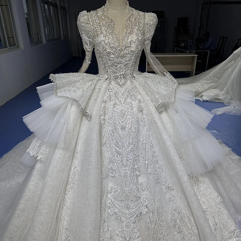 Jancember XS015 Factory Ball Gown Bridal Heavy Lace Embroidery Fabrics Wedding Dresses