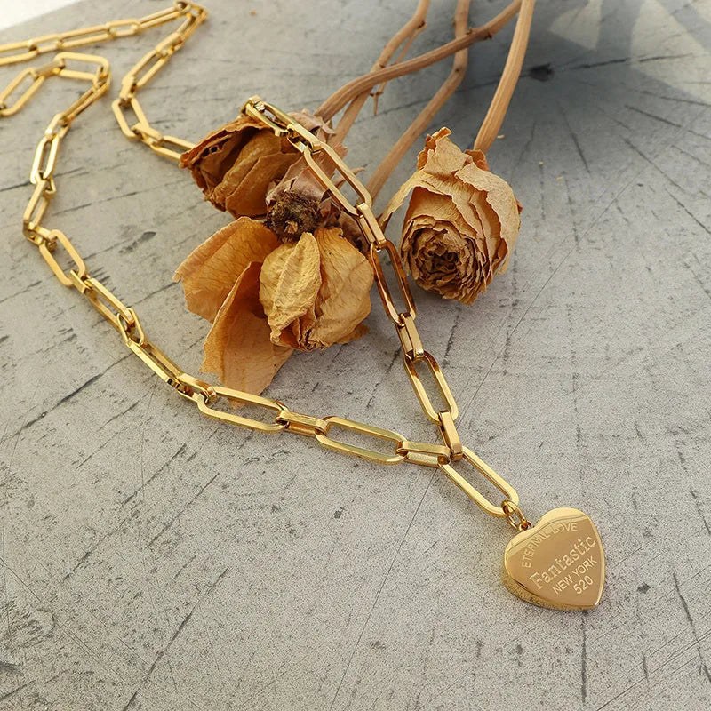 Fashion Woman Sweater Stainless Steel Trendy Jewelry Wholesale Gold Heart Pendant Alphabet Necklace