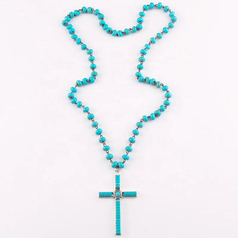 Women Ethnic OM Jewelry 76cm Rosary Chain Natural Stone & Crystal Glass Beads OM Yoga Necklace Cross Pendant Necklace