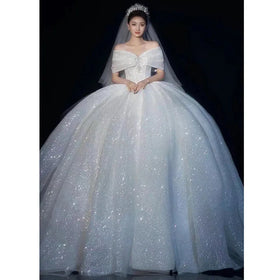 S1395T 2024 New Custom High Quality Lace Diamond Trailing Wedding Gown Bohemian Style With A-Line Silhouette and Chapel Train