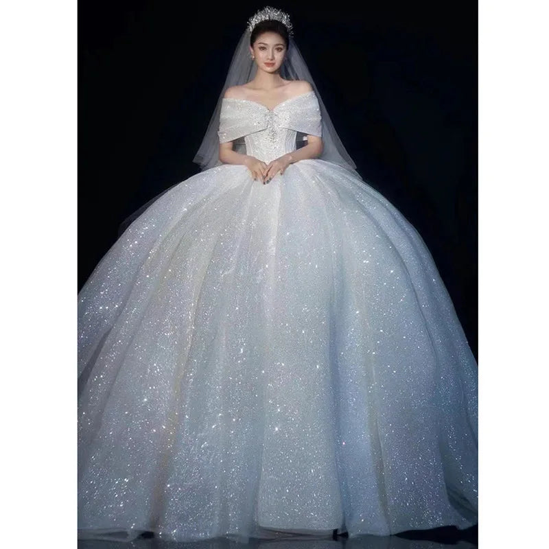S1395T 2024 New Custom High Quality Lace Diamond Trailing Wedding Gown Bohemian Style With A-Line Silhouette and Chapel Train