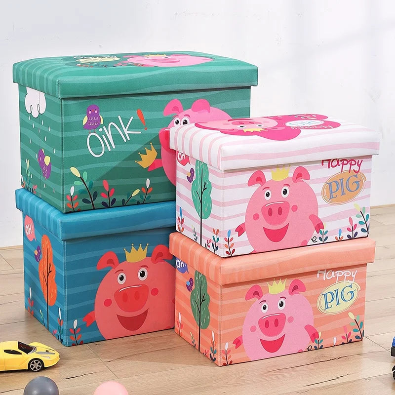 Cute Cartoon Foldable Storage Box Kids Toys Storage Ottoman Foot Stool Furniture Stackable Storage Bins Organizer Sewn Clothing