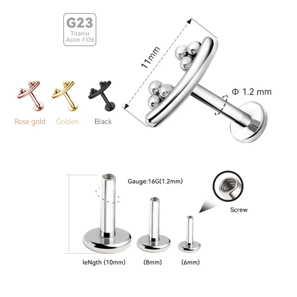 Evorte G23 Titanium 16G(1.2mm) Gold Plated Children's Wedding Ear Tragus Cartilage Lip Labret Nose Nostril Tongue Barbell Screw