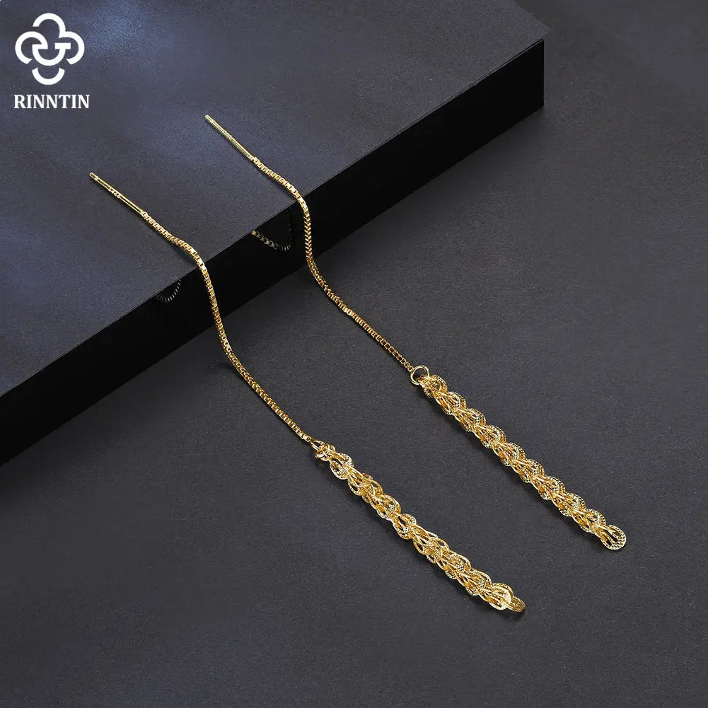 RINNTIN SE399 Fast Shipping Fashion 3mm Phoenix Chain 14k Gold Plated Tassels Earrings With 925 Sterling Silver Cz Drop Earrings