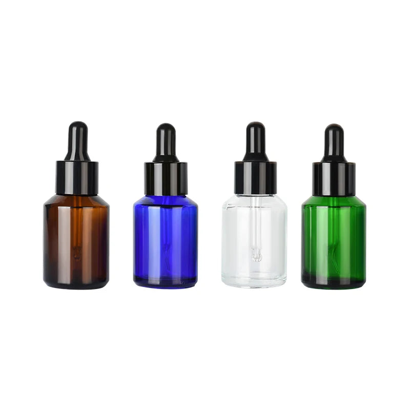 Cosmetic Packaging Essential Oil Serum 15ml 30ml 50ml  clear Amber Blue Green Oblique Shoulder Glass Dropper Bottle