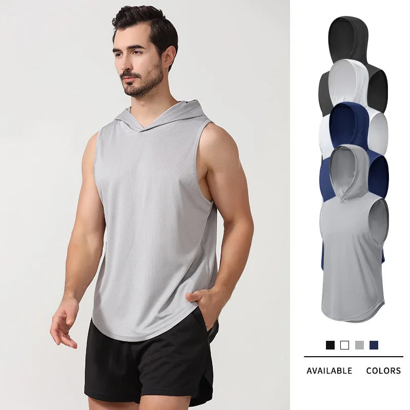 Men's New Fitness Loose Sports Vest Breathing Sleeveless Hooded Vest Training Basketball Workout Vest