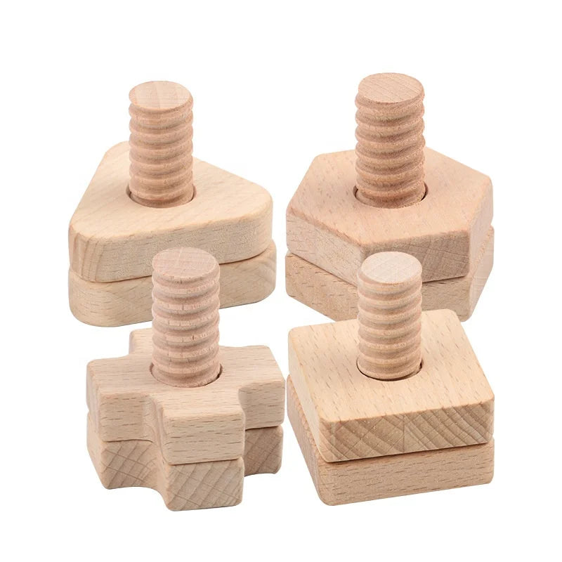 Nature Beech Wood Nuts and Bolts Set Shapes Matching ToysConstruction Fine Motor Skills for Kids