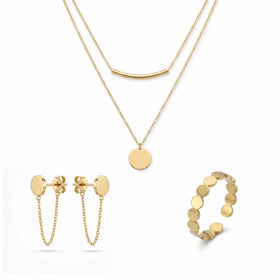 QIAOREN 11593 Waterproof 18K Gold Plated Stainless Steel Jewelry Set Layered Necklace Earrings Ring Everyday Wear