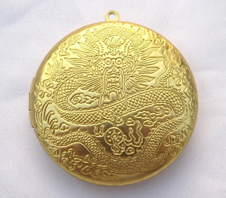 Chinese Dragon Round Photo Locket 45mm Brass Necklace Pendant
