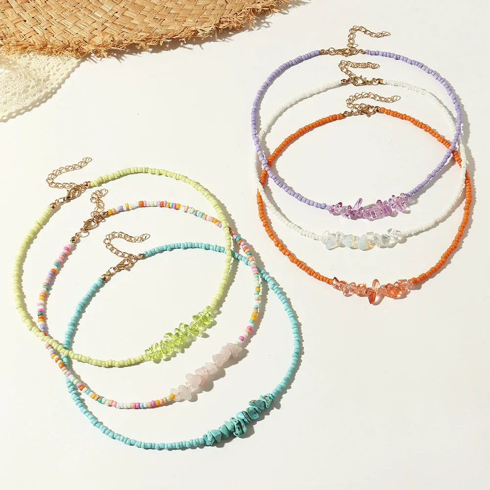 Summer Bohemia Style Natrual Crystal Stone Pendants Multi-color Seed Beads Necklace Choker for Women Party Holiday Jewelry Gift