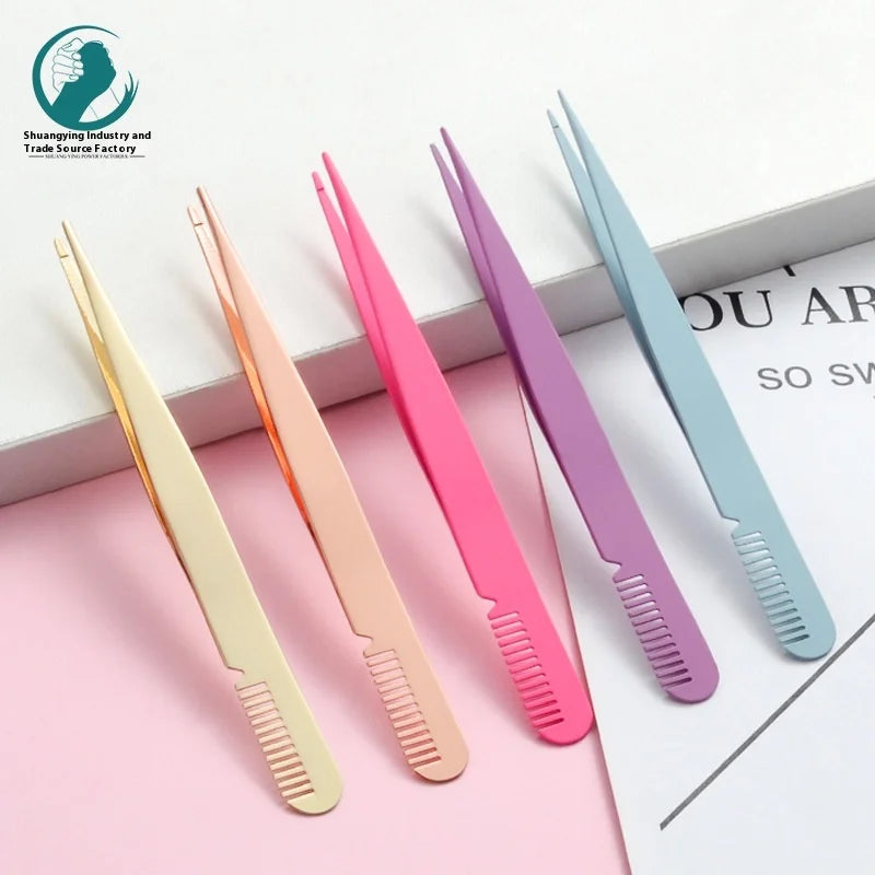 Wholesale Stainless Steel Slanted Tip Eyelash & Eyebrow Tweezers with Comb-Lightweight & Durable OEM/ODM Custom Logo Available