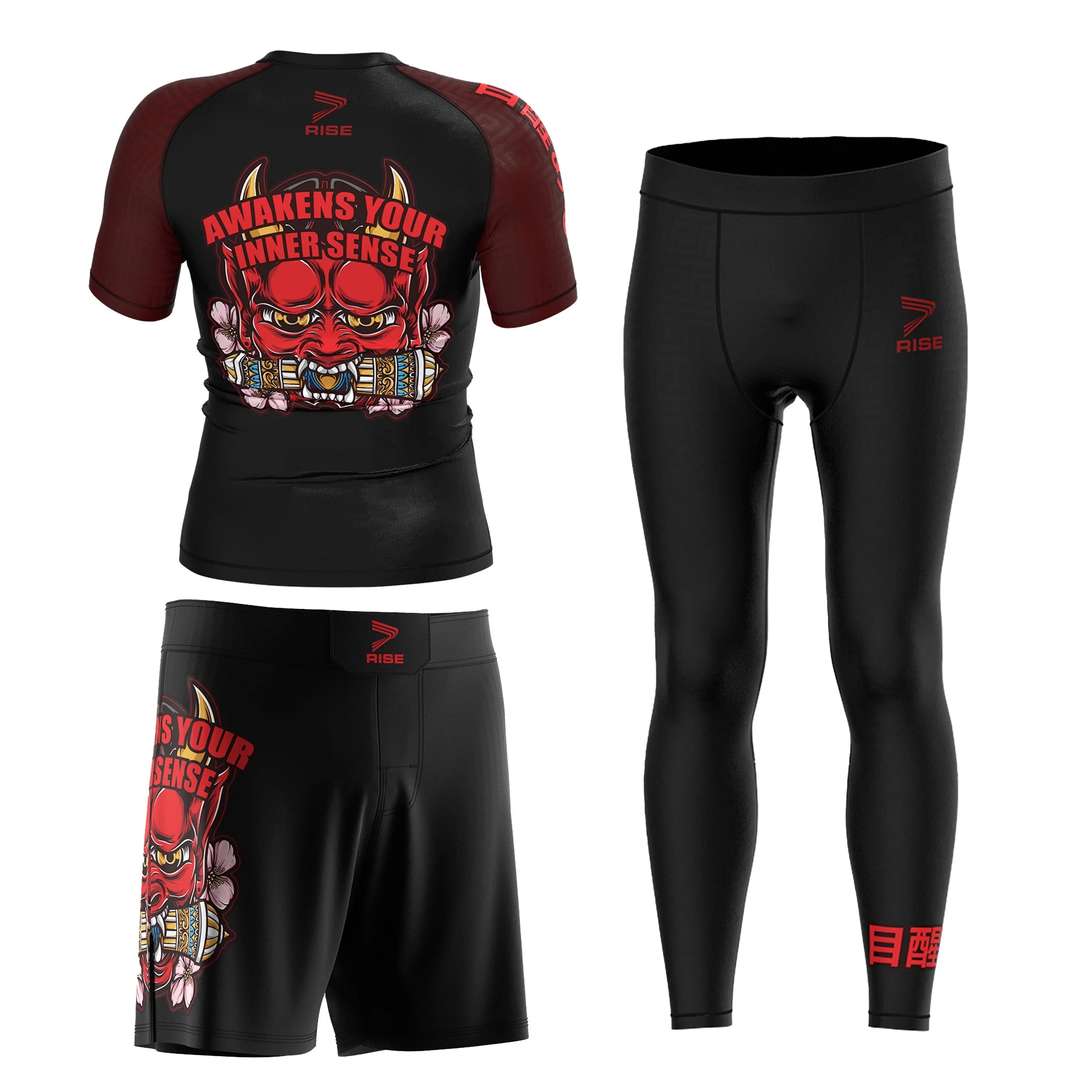 Japanese Illustrator Design Prajna Pattern Rash Guard Compression Shirt 4 Way Stretch Reinforced Seam Sweat Moisture for BJJ