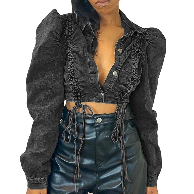 2021 Fashion Lapel Slim Women's Jacket Button Drawstring Denim Women's Jacket and Coat