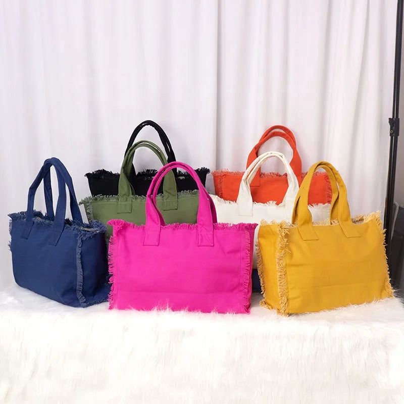 Wholesale Tassel Fringe  Wearable Shopping Designer Luxury extra Large Canvas Tote Bags with Custom Print for Women