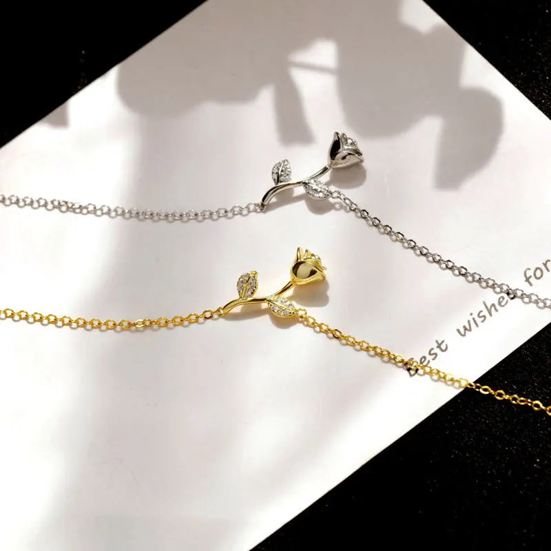Hot Sale Creative Fashion Beautiful Pure S925 Sterling Silver Chain Crystal Rose Flower Pendant Necklace for Women Jewelry