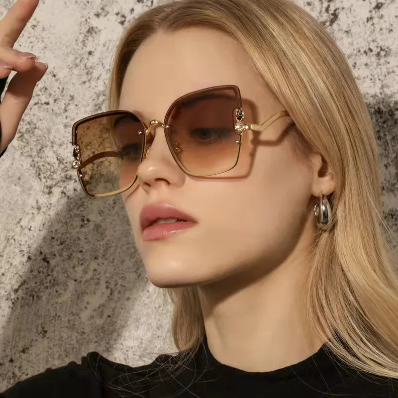Women Sunglasses 2022 Rimless Oversized Square Shades Retro Vintage Custom Fashion Mens Sunglasses