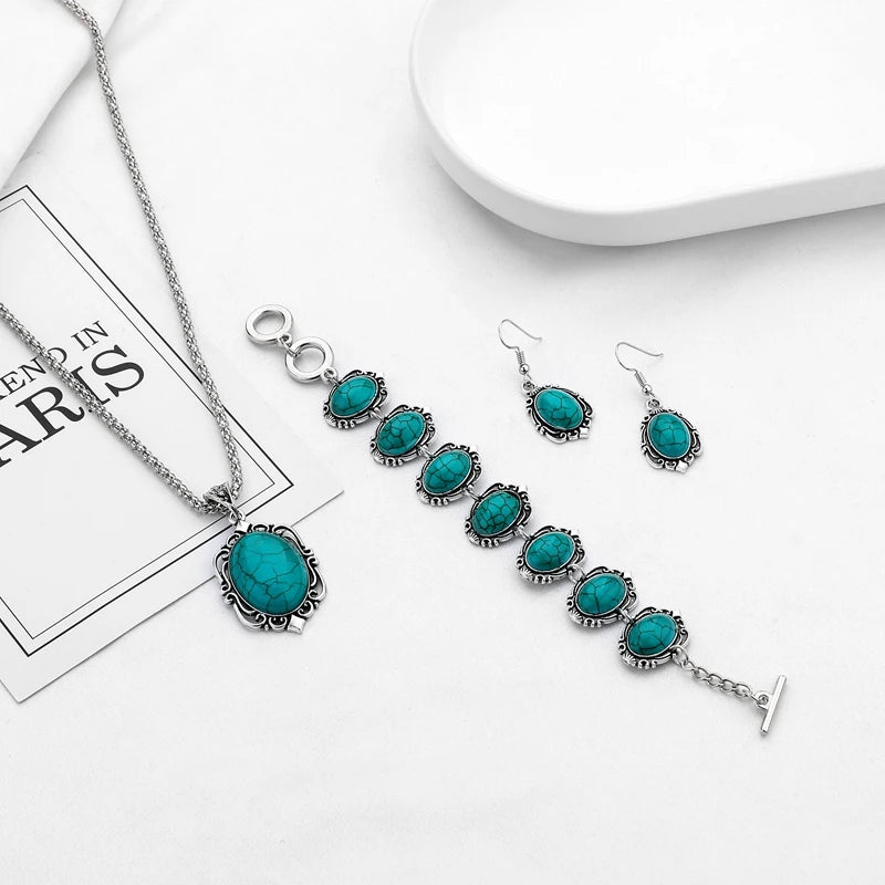 Hot Sale New Ethnic Turquoise Necklace Bracelet Earrings Set Fashion Flower Pendant Three-piece Set Jewelry for Women Girls