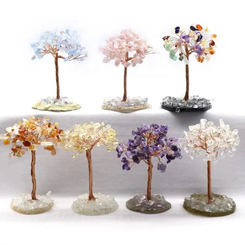 Chakra Healing Crystals Copper Tree of Life Wrapped on Natural Agate Base Money Tree Feng Shui Luck Figurine Decoration