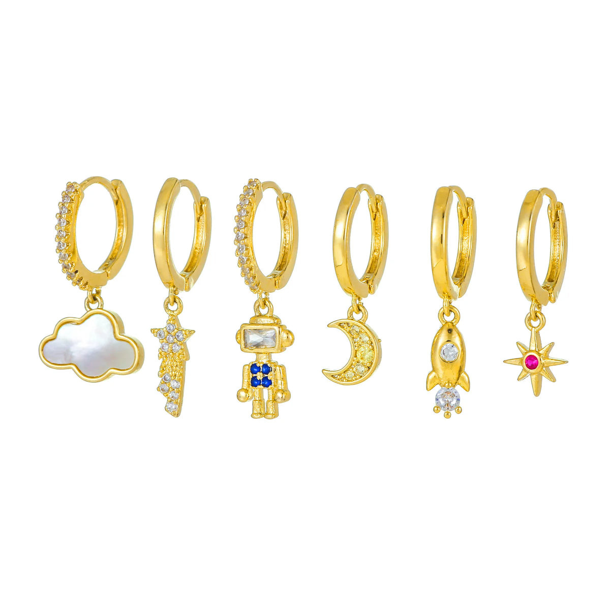 6pcs/set Fine Jewelry Set Hoop Earring Carton Pendant Moon Robot Shaped 18K Gold Plated Earring Set for Girl MegaBDM
