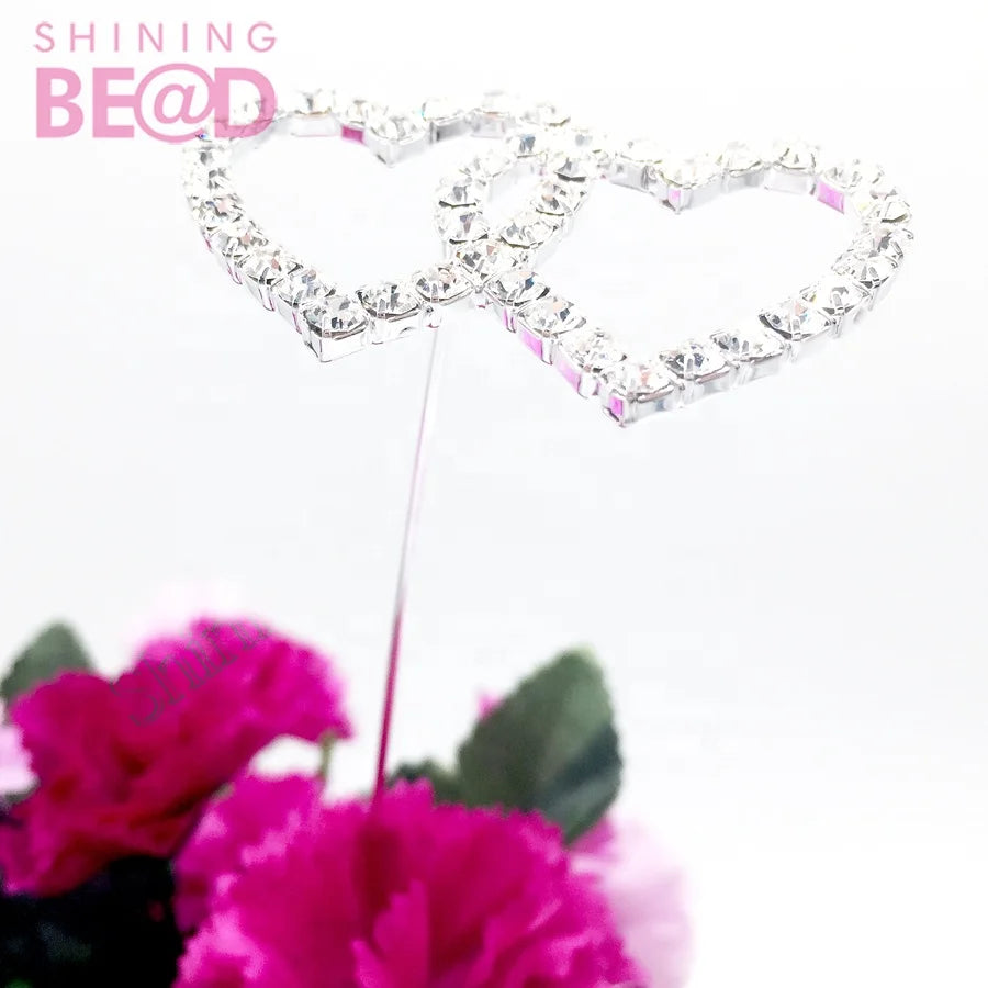 Cheap Crystal Double Heart Brooch Pin for Bouquet/ Weddings/Party/Flower Jewelry Decoration