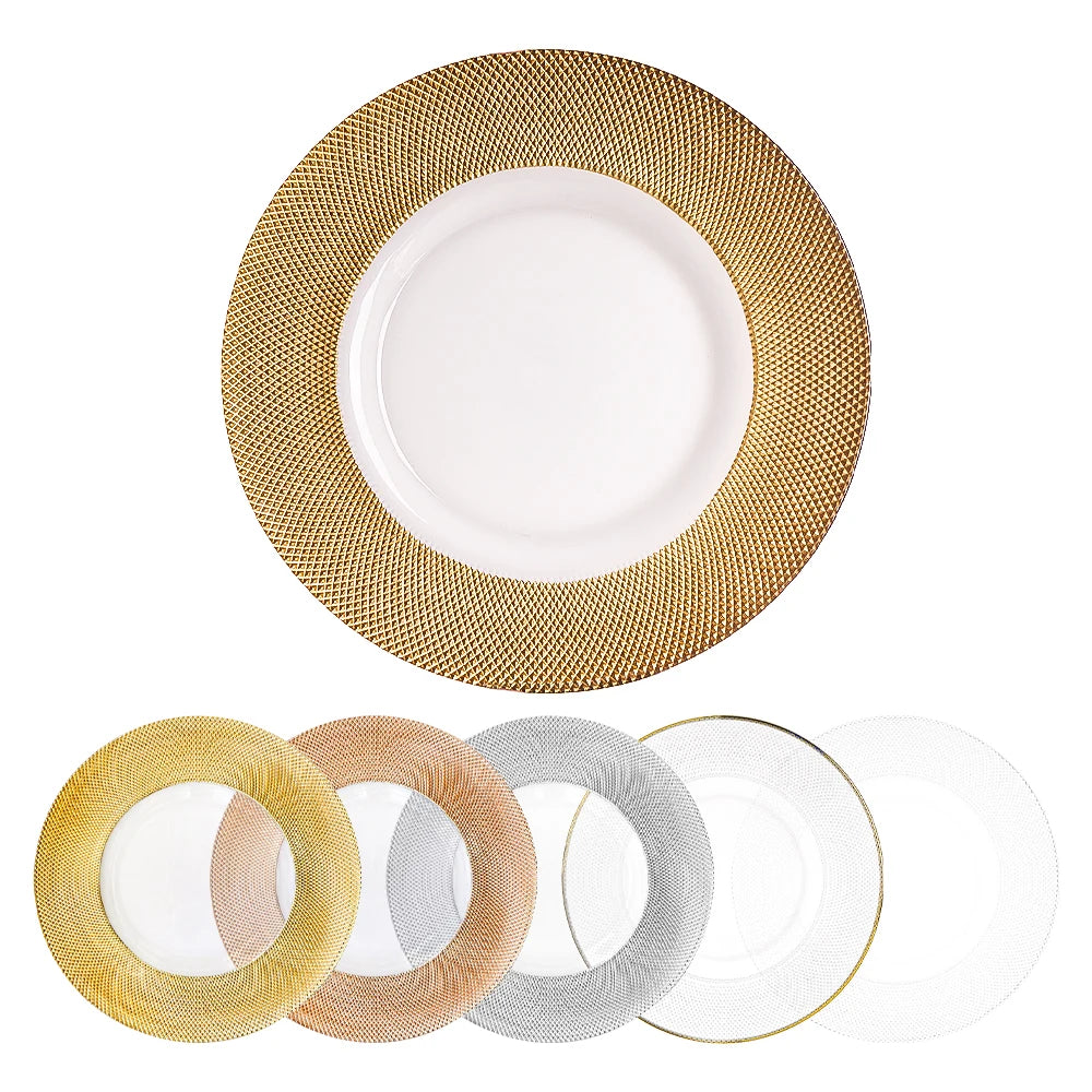 Ornate Gold Edge Glass for Charger Plate Wedding Tableware Decorative Kitchenware Supplies for Dinnerware Ins Design