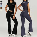Custom Flare Workout Leggings High Waist Yoga Corset Crop Top 2 Piece Gym Fitness Sets Short Sleeve Breathable Solid Sportswear