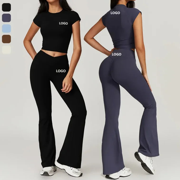Custom Flare Workout Leggings High Waist Yoga Corset Crop Top 2 Piece Gym Fitness Sets Short Sleeve Breathable Solid Sportswear