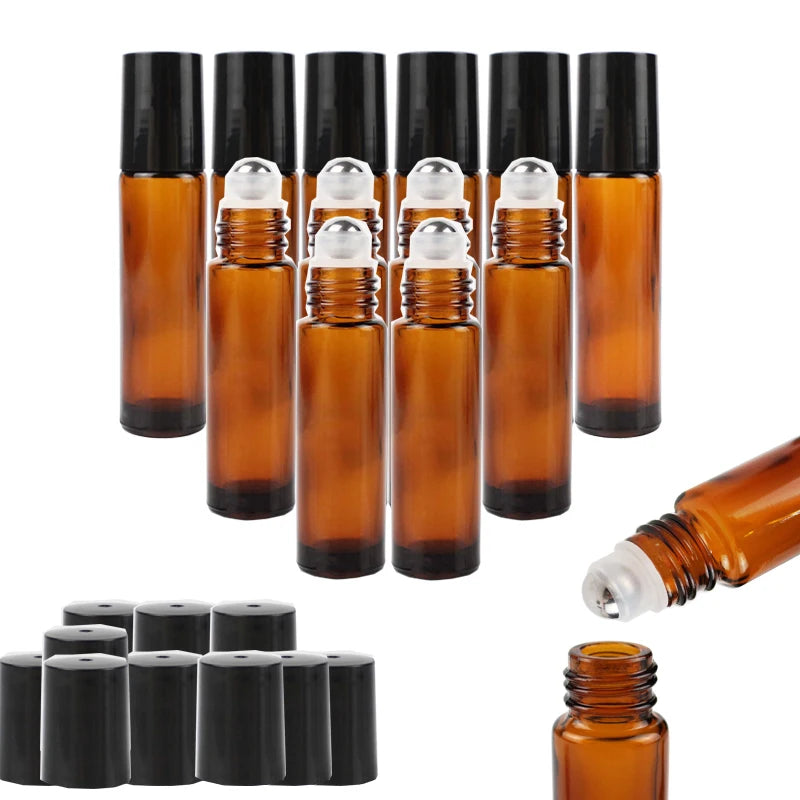 Portable 10ml Amber Glass Roll on Bottle for Essential Oil Vials With Roller Metal Ball Refillable Bottles Containers
