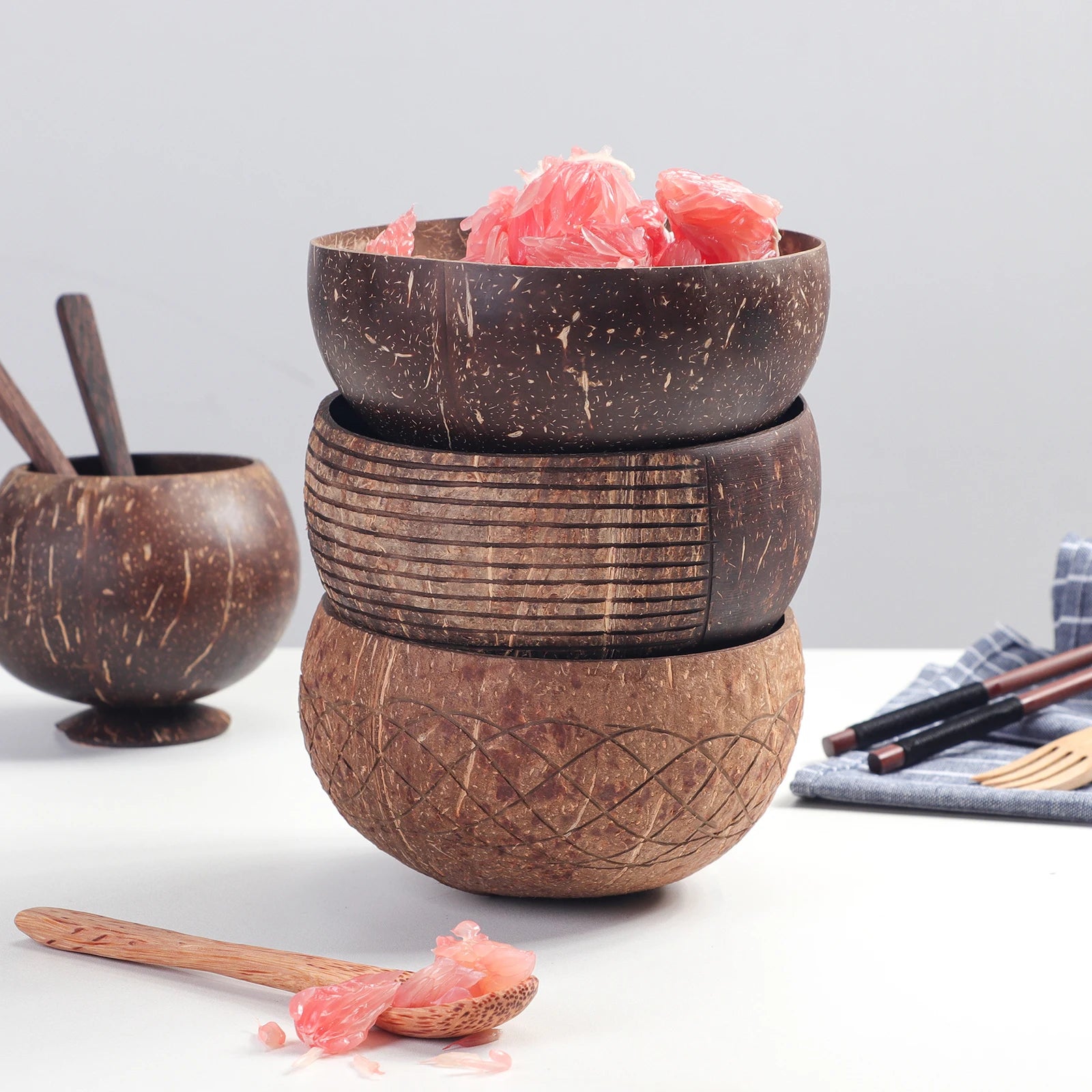 Hawaii Jumbo Real Custom Logo Polished Eco-Friendly Coconut Wood Bowls Spoon Set with Flower Pattern for Business Gifts