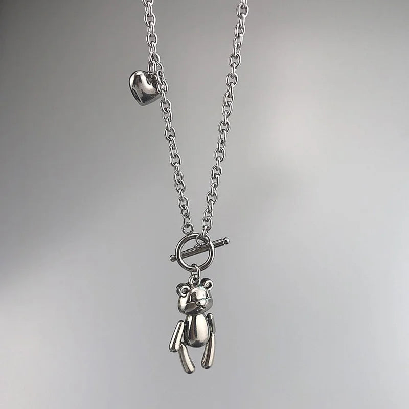 Popular Titanium Steel Sweater Chain Necklace Hip Hops Cute Bear Long Pendant Stainless Steel Necklace for Women Girl