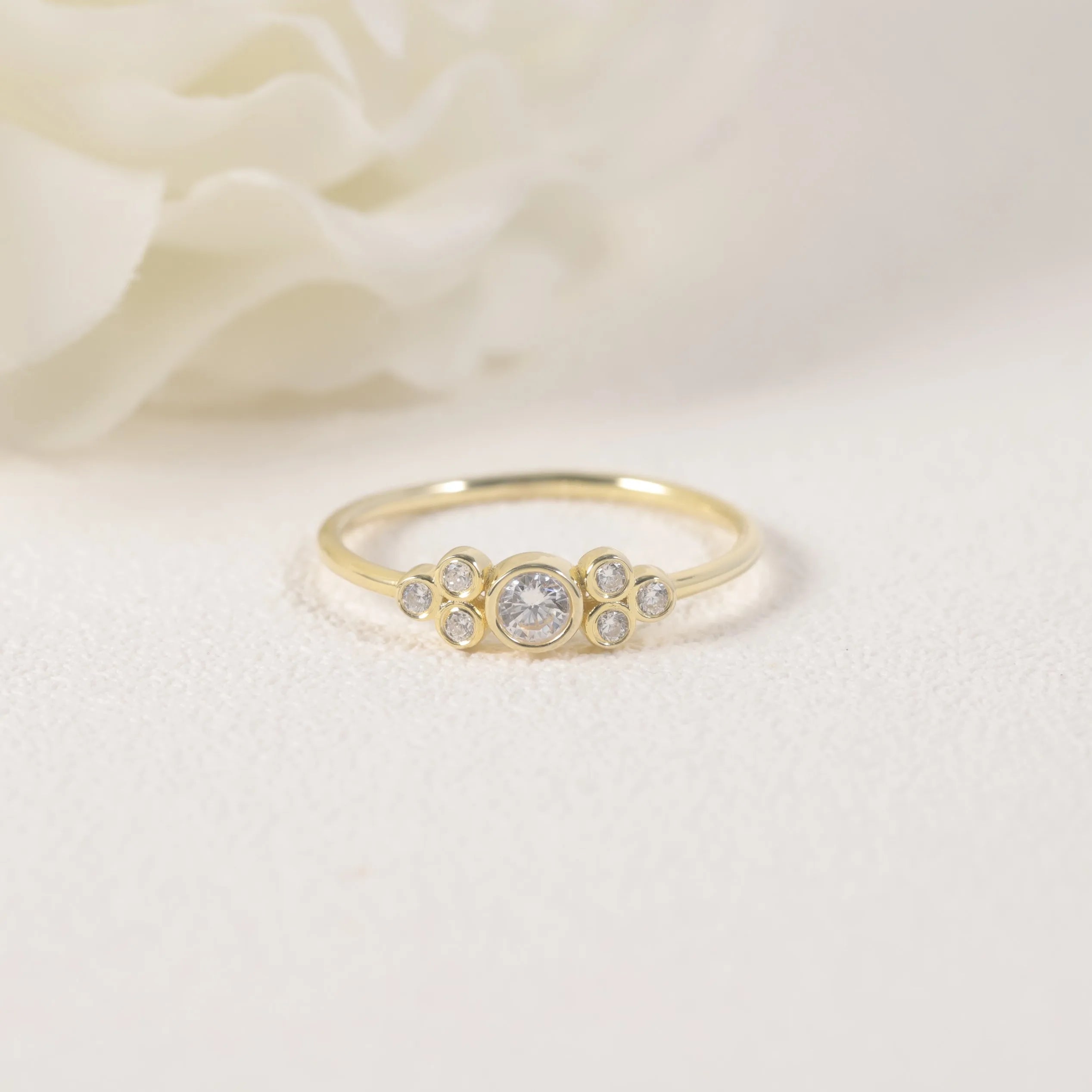 Abiding 7 Stone Cluster Ring Solid Gold 14 Karat Bezel Setting Lab Grown Diamond Dreamy Bubble Wedding Ring