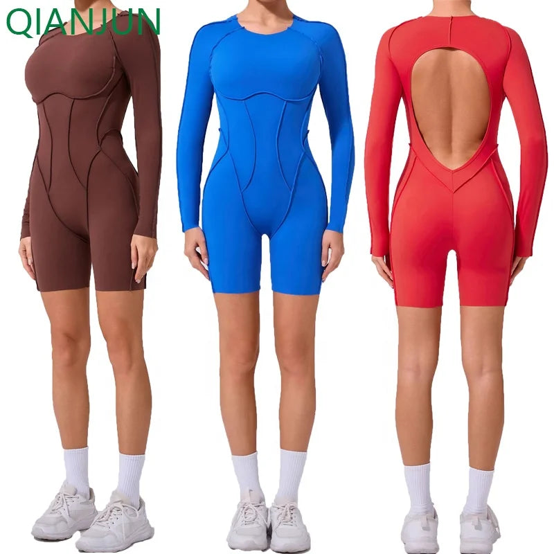 Wholesale Backless Sportswear Playsuits Gym Bodysuits Scrunch Butt Sports Short Fitness Yoga Women's Jumpsuit