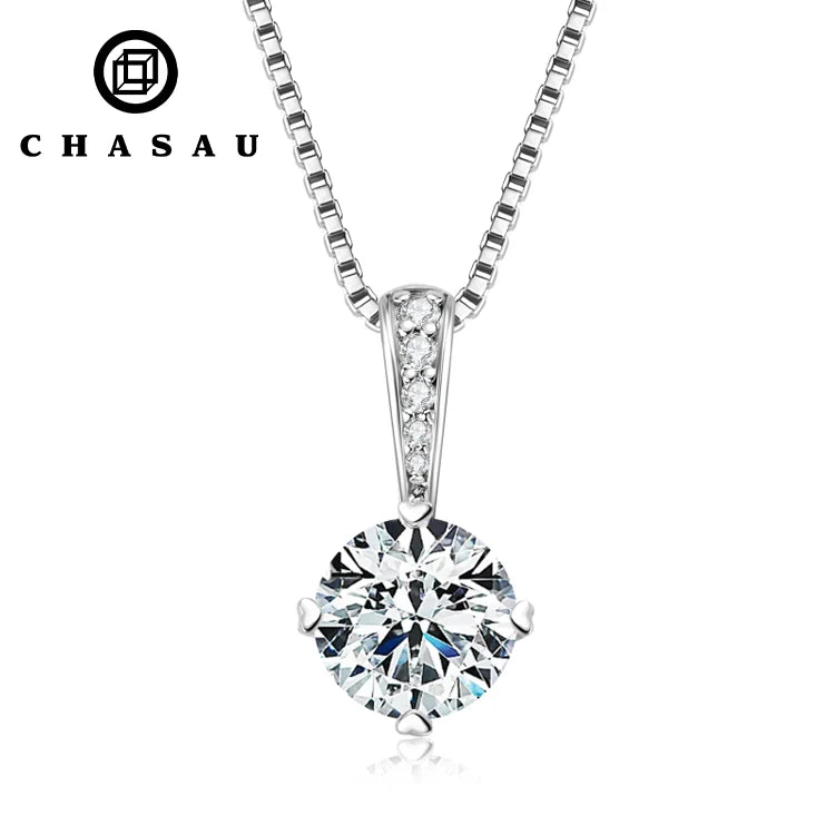 925 Sterling Silver Box Chain Necklace Heart Prong Round Cut 1ct 6.5mm Moissanite Pendant Necklaces for Women