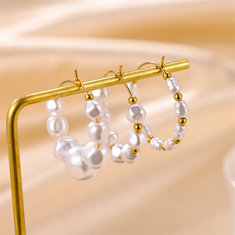 Non Allergic Genuine Gold Plated Stainless Steel Jewelry Earrings Customized Pearl Beads Tarnish Free Hoop Earrings for Women