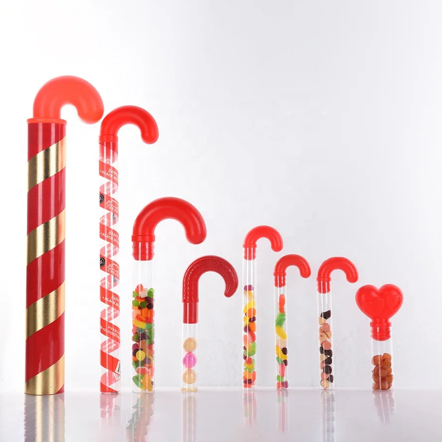 Fillable Empty Clear Plastic Candy Cane Packaging Tube Red Stopper Screen Printing for Christmas Theme High Standard Quality