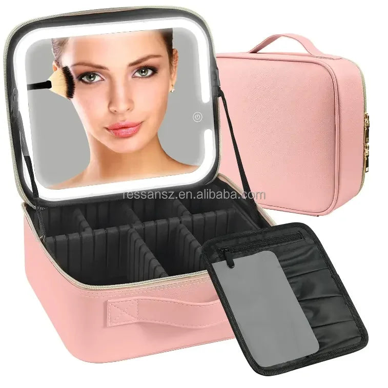 2023 Capacity Desktop Cosmetic Storage Case Waterproof Leather Travel Portable Makeup Bag With Led Light Mirror Without Logo