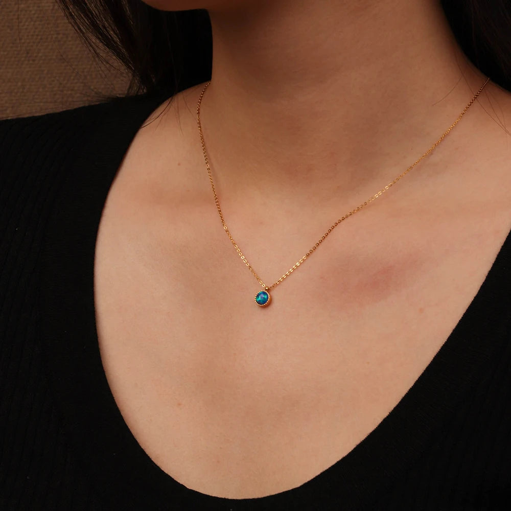 Chris April Minimalist 316L Stainless Steel PVD Gold Plated Opal Pendant Bejeweled Charm Necklace