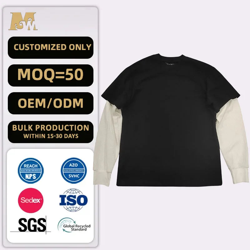 OEM Custom Heavy Cotton 2 In1 Double Layered Longsleeve Blank Thermal t Shirt Screen Printing Raw Hem French Terry t Shirt for m