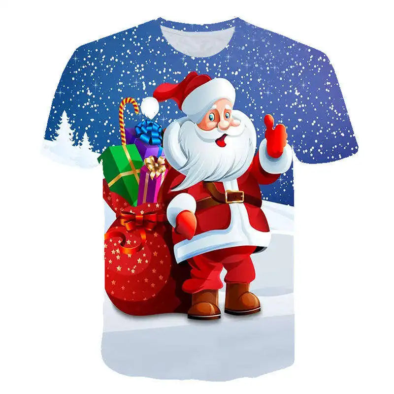 Wholesale Custom 3D Printed Anime Santa Claus Christmas T-shirts for Children and Women Made of Knitted Fabric