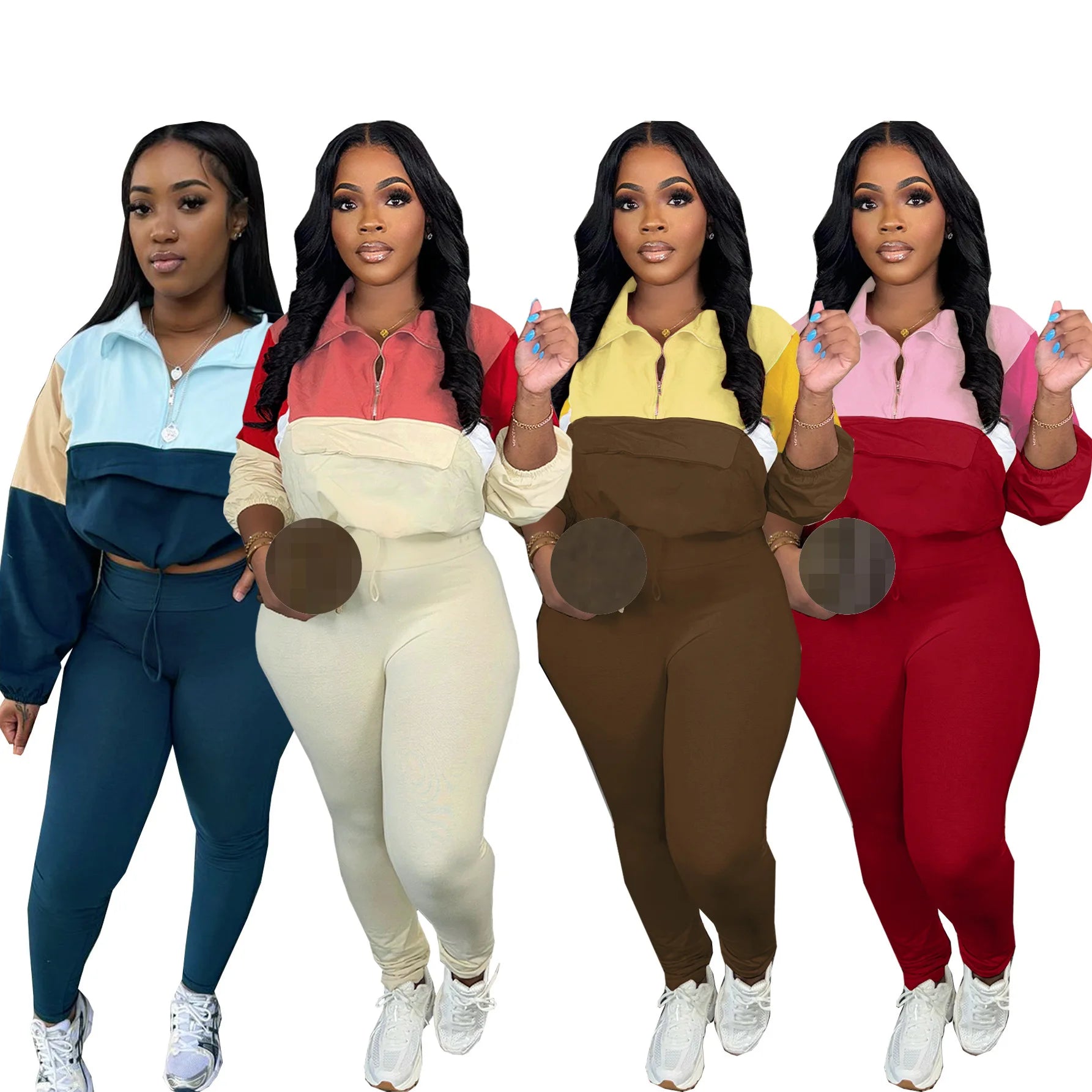 Autumn Winter Hot Sale Women Patchwork Design Long Sleeve Turndown Neck Long Pants Women Joggers 2 Piece Set Outfits