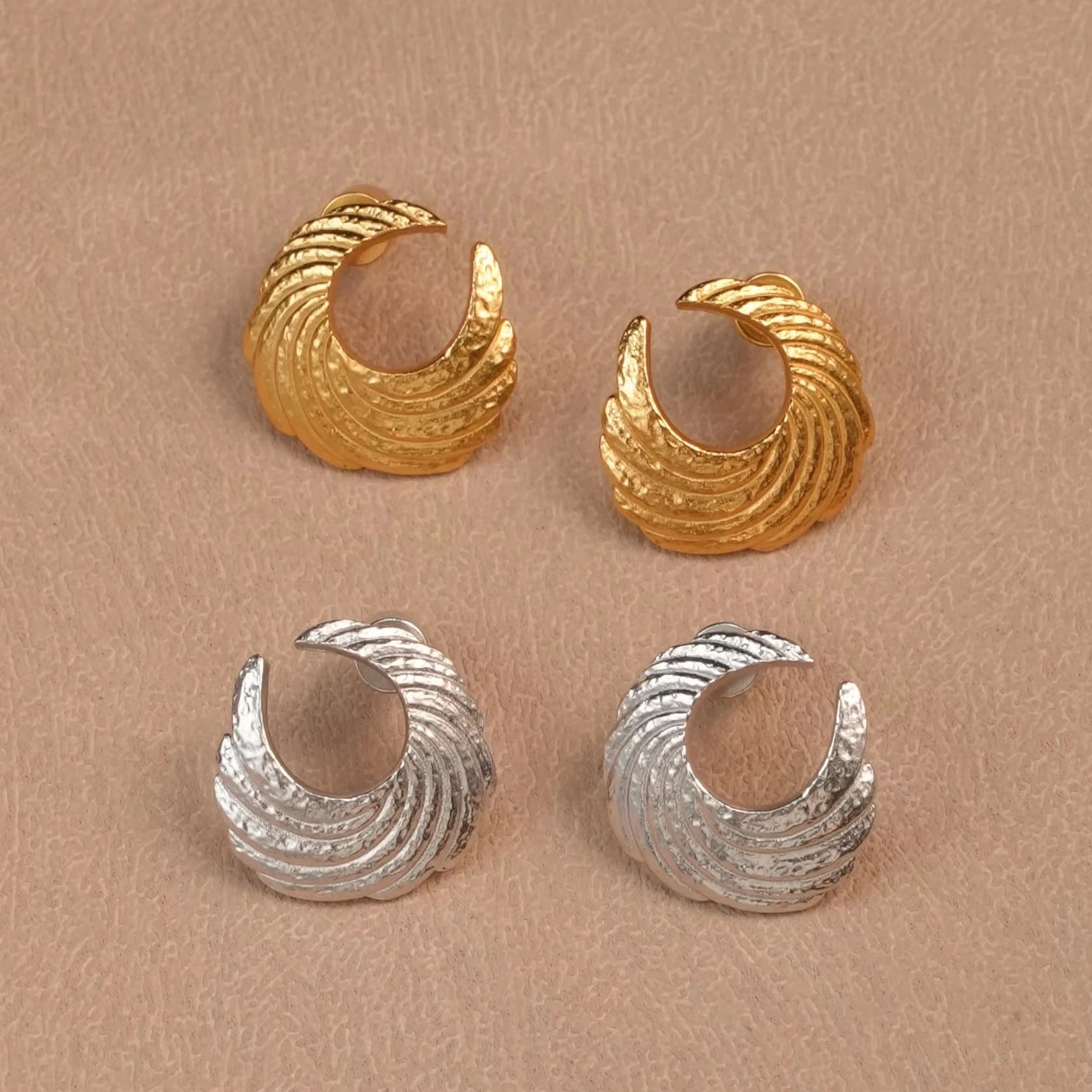 Luxury Vintage Real Real Gold Plated Brass Big Chunky Spiral Shape Stud Earrings for Women
