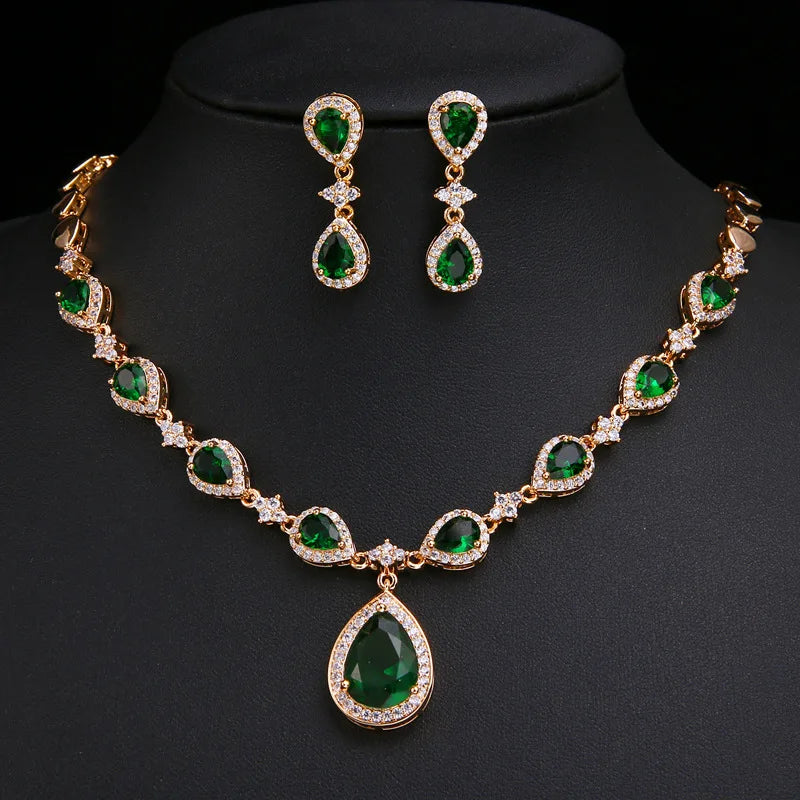 Rhinestone Costume Prom Jewelry Teardrop Necklace Earrings Jewelry Emerald Wedding Bridal Jewelry Sets for Brides Bridesmaids