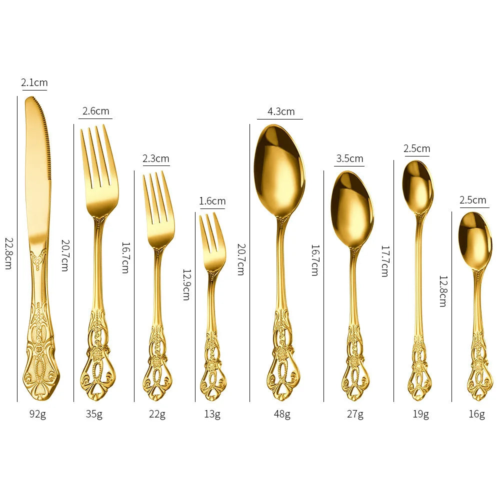Retro Hollow Palace Stainless Steel Flatware Luxury Knife Fork Spoon Set Gold Cutlery Set for Wedding