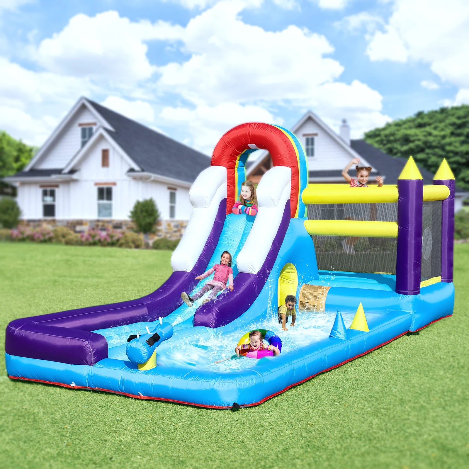 Inflatable Water Slide Bounce House Combo with Slide Climbing Wall Obstacles Trampoline Ball Pit Water Splash Pool