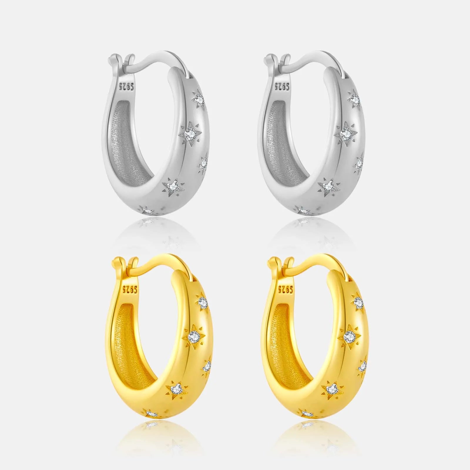 FUAMAY Gold Plated Sterling Sparkly North Star Earrings Starburst Huggie Earrings Chunky Star Hoop with Emerald Cut Zircon