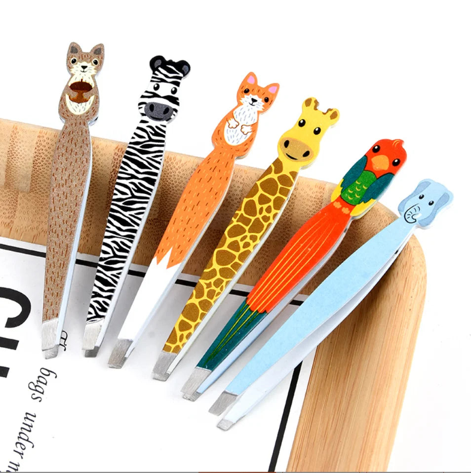 Stainless Steel Slanted Tip 6-Style Cute Animal Design Eyebrow Tweezers Kit for Baby Hair Removal