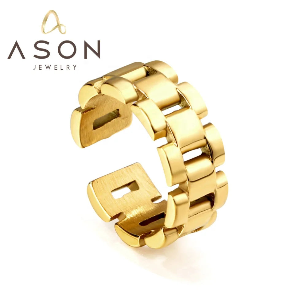 Ason Simple Design Watch Chain Style Ring Women Fashion Personality 18K Gold Stainless Steel Ring